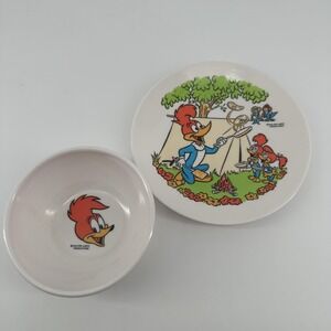 Vintage Woody Woodpecker Arrowhead Plastic Plate Bowl Set Walter‎ Lantz Camping